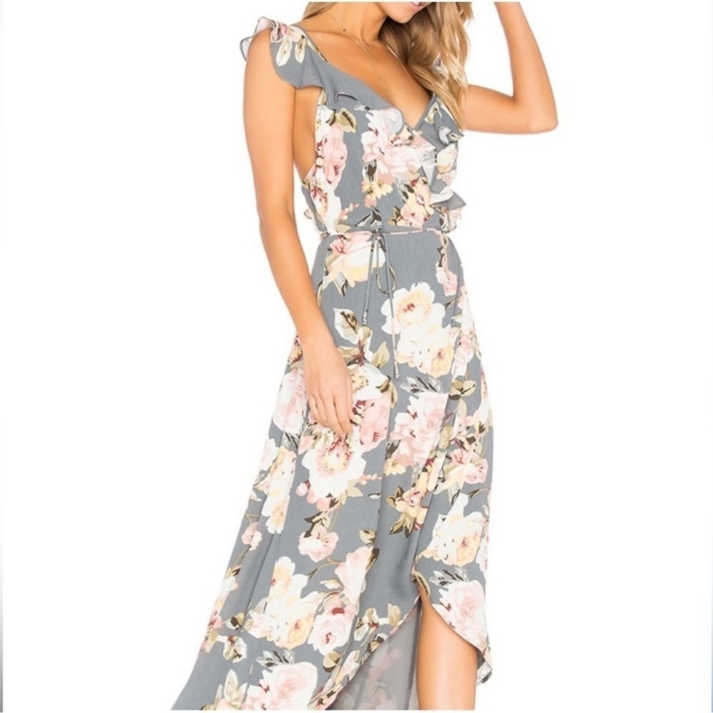 Privacy Pleaae Floral Gray Ruffle Wrap Dress